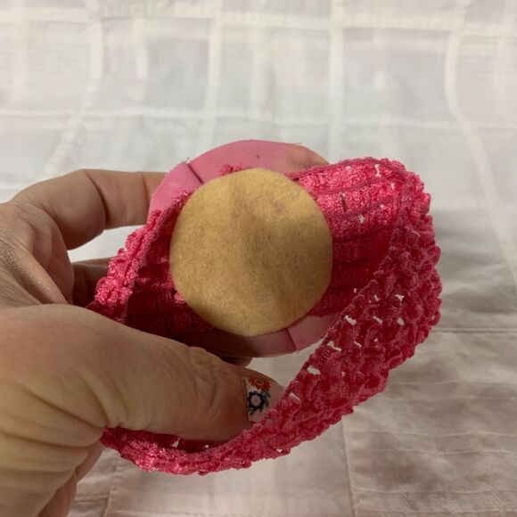 Handmade Infant Headband Pink Band Pink Green Flower Center Size Preemie B291 - Picture 8 of 9